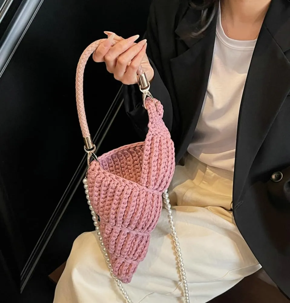 Handwoven Fashion Seashell Bag for Women Crochet Beach Bag Unique Boho Clutch with Pearl Strap Leather Handle 2025