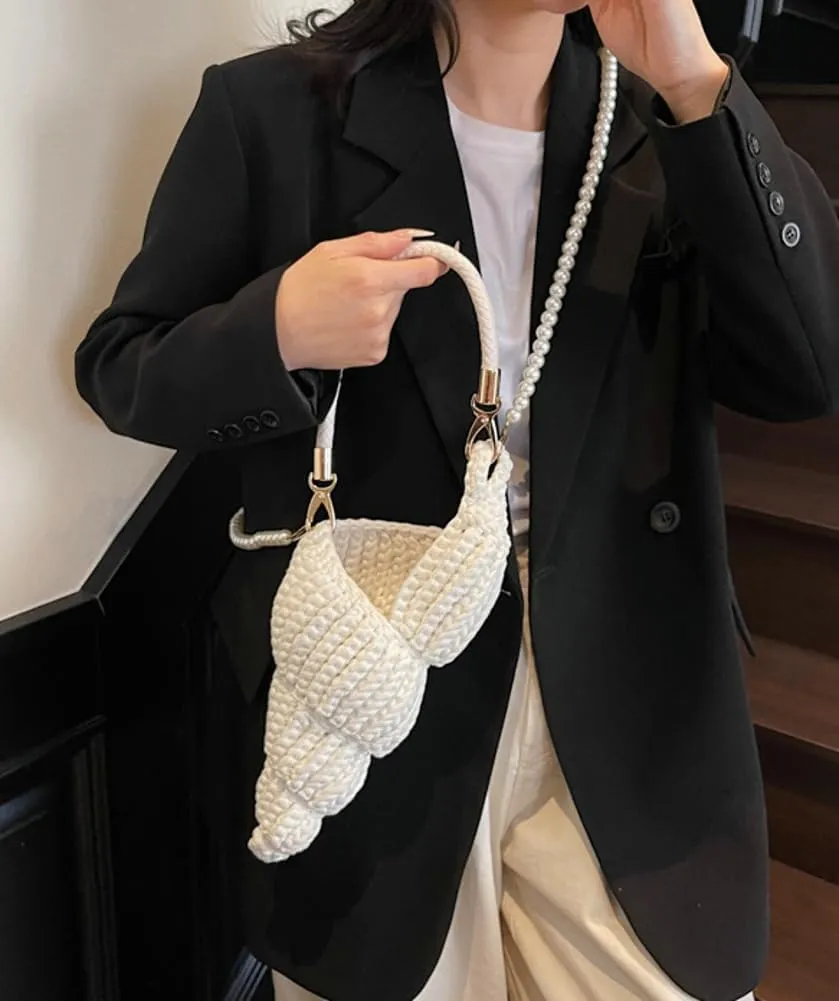 Handwoven Fashion Seashell Bag for Women Crochet Beach Bag Unique Boho Clutch with Pearl Strap Leather Handle 2025