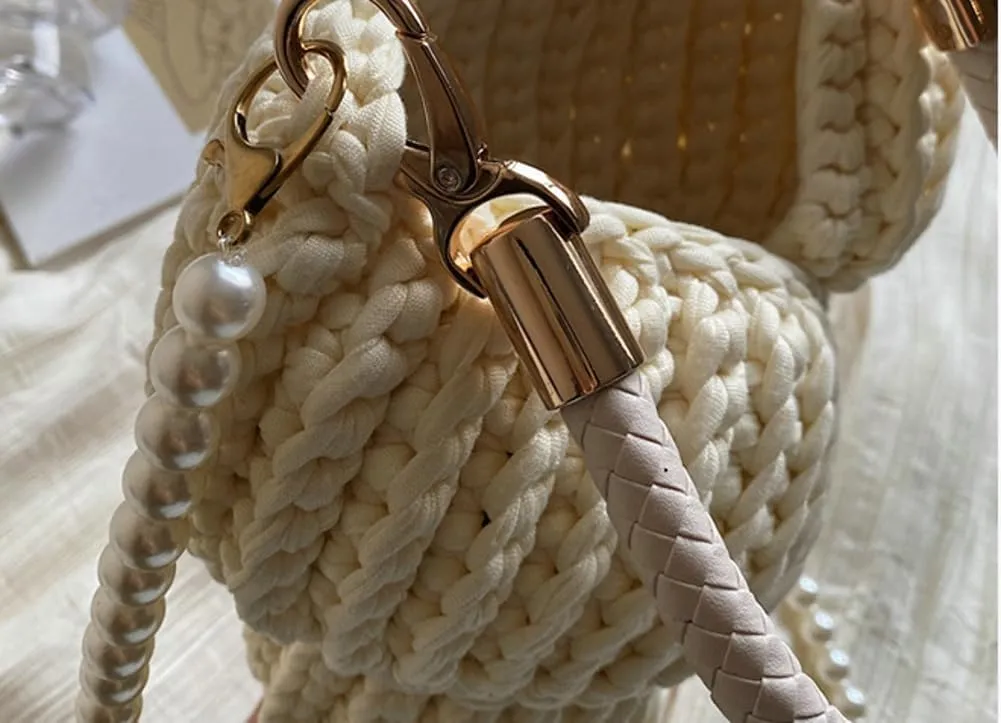 Handwoven Fashion Seashell Bag for Women Crochet Beach Bag Unique Boho Clutch with Pearl Strap Leather Handle 2025