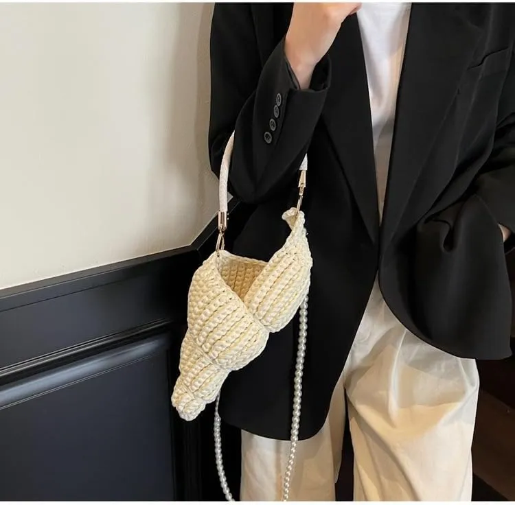 Handwoven Fashion Seashell Bag - Stylish & Unique Boho Clutch with Pearl Strap, Leather Handle & Premium Hardware