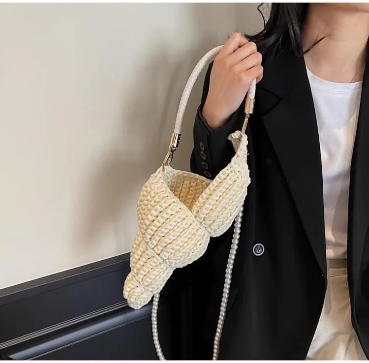 Handwoven Fashion Seashell Bag - Stylish & Unique Boho Clutch with Pearl Strap, Leather Handle & Premium Hardware
