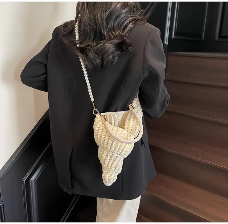 Handwoven Fashion Seashell Bag - Stylish & Unique Boho Clutch with Pearl Strap, Leather Handle & Premium Hardware