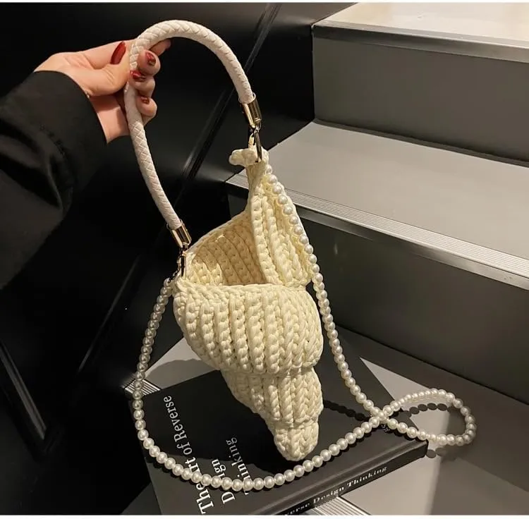 Handwoven Fashion Seashell Bag - Stylish & Unique Boho Clutch with Pearl Strap, Leather Handle & Premium Hardware