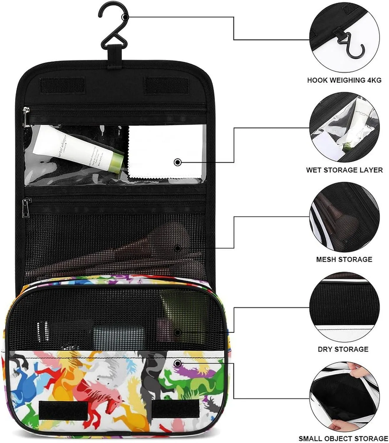 Hanging Travel Toiletry Bag, Large Capacity Cosmetic Bag for Women, Waterproof Makeup Organzier Colorful Horse Art Bathroom Shower Bag