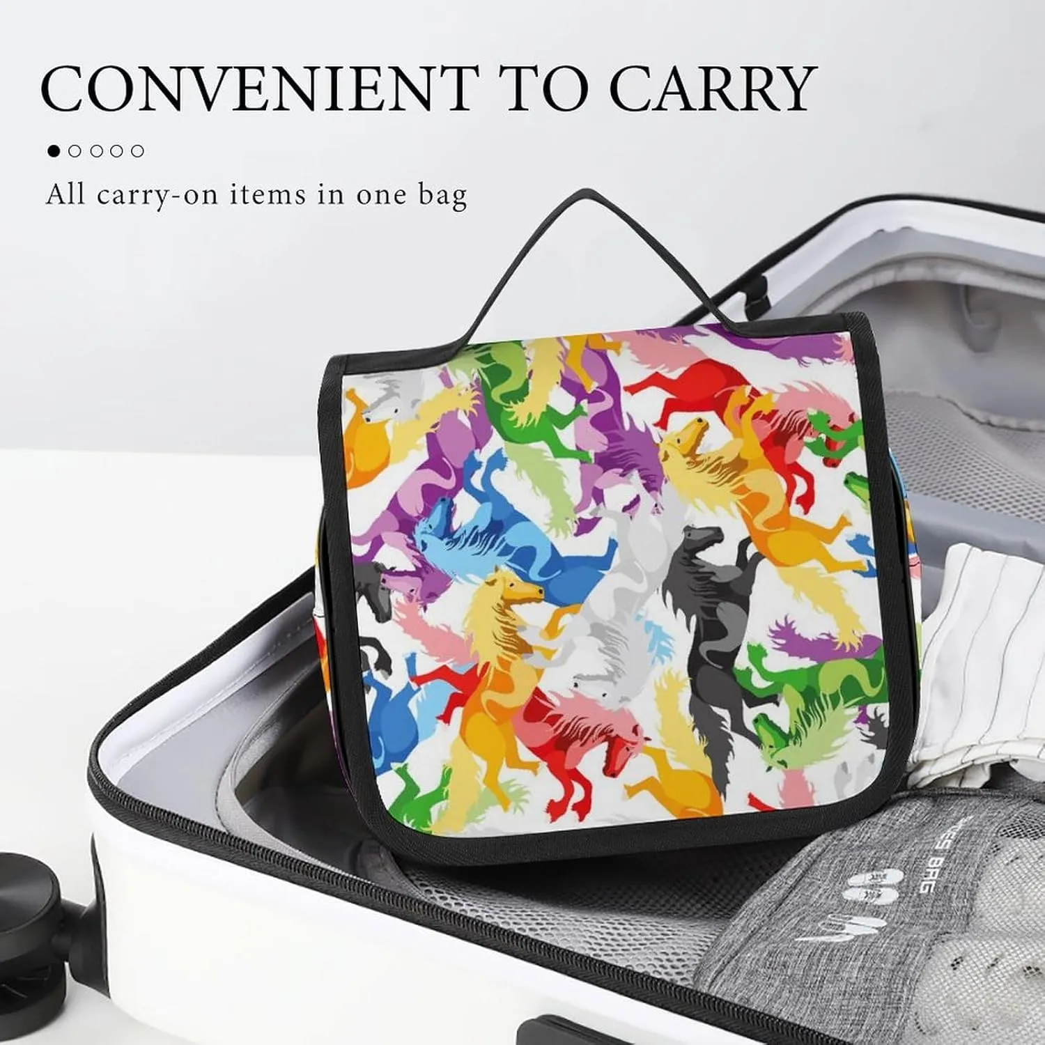 Hanging Travel Toiletry Bag, Large Capacity Cosmetic Bag for Women, Waterproof Makeup Organzier Colorful Horse Art Bathroom Shower Bag