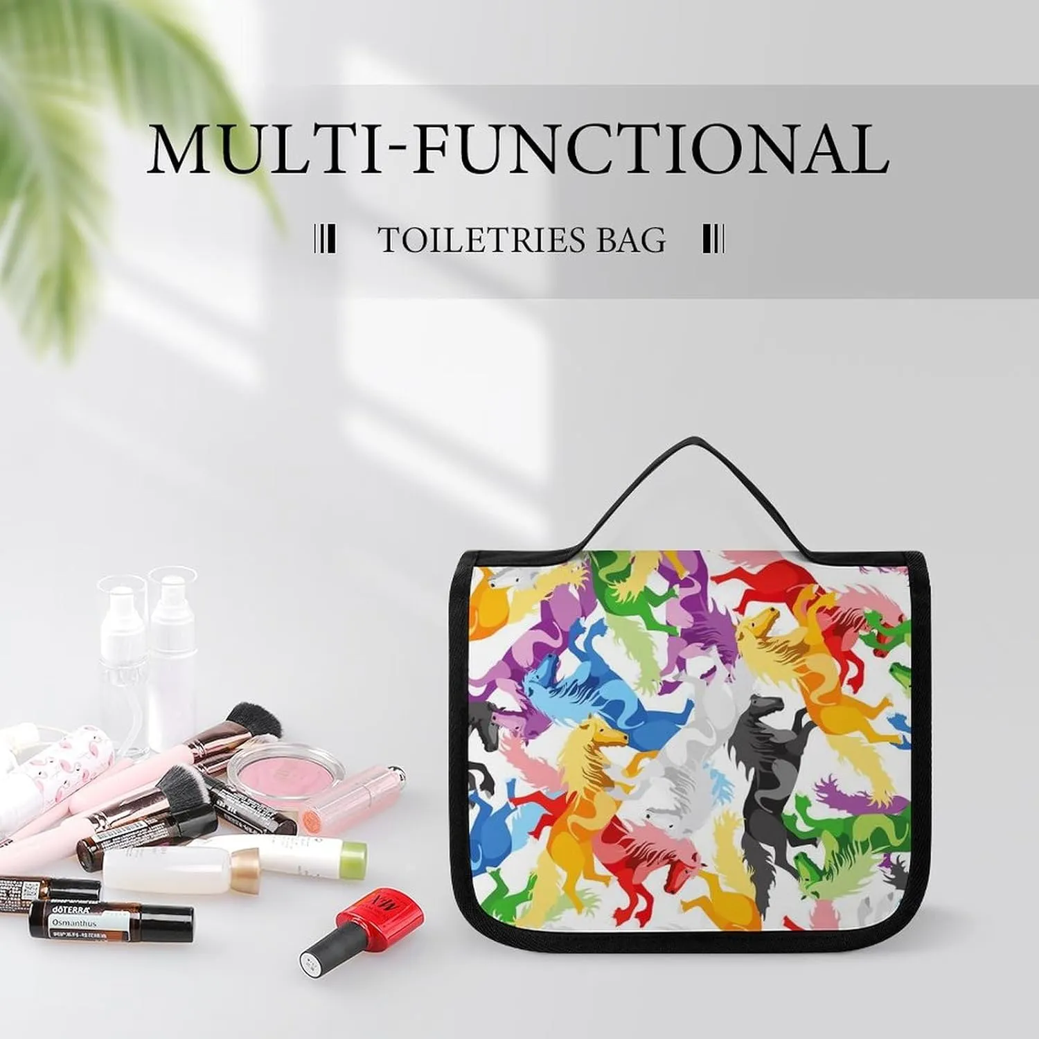 Hanging Travel Toiletry Bag, Large Capacity Cosmetic Bag for Women, Waterproof Makeup Organzier Colorful Horse Art Bathroom Shower Bag