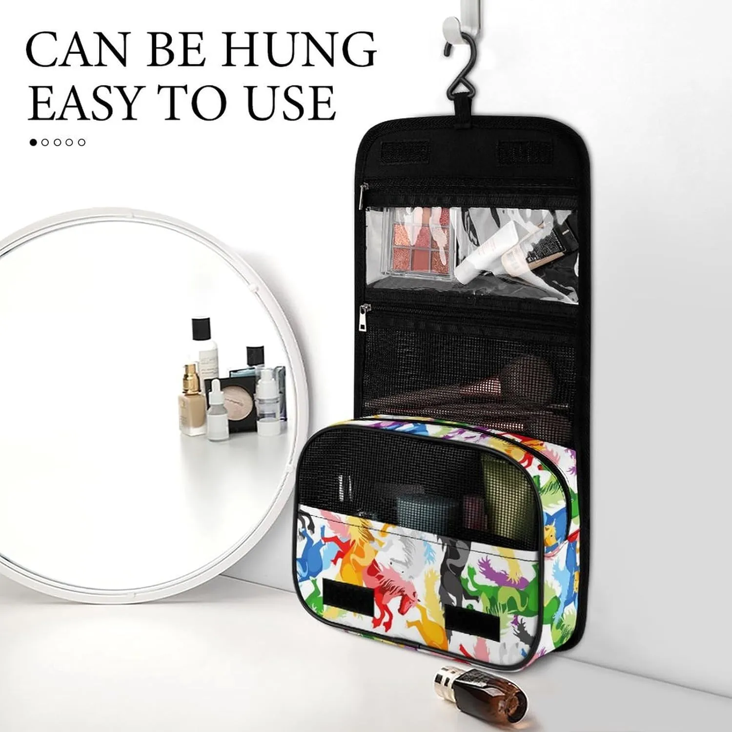 Hanging Travel Toiletry Bag, Large Capacity Cosmetic Bag for Women, Waterproof Makeup Organzier Colorful Horse Art Bathroom Shower Bag