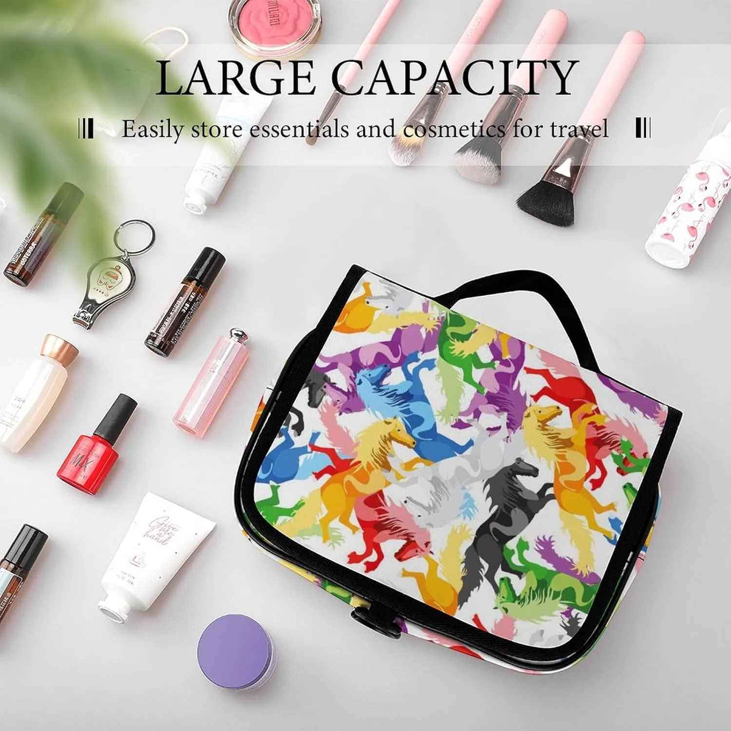 Hanging Travel Toiletry Bag, Large Capacity Cosmetic Bag for Women, Waterproof Makeup Organzier Colorful Horse Art Bathroom Shower Bag