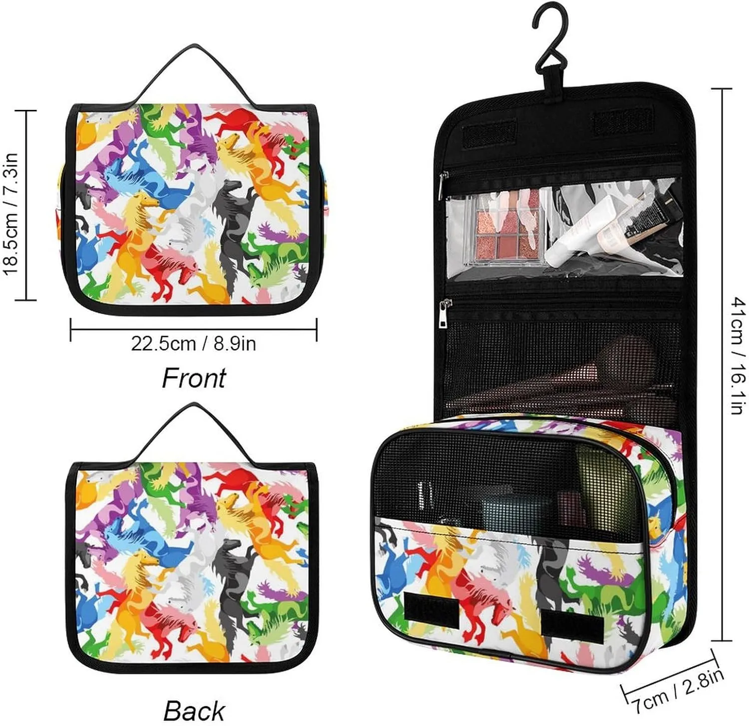 Hanging Travel Toiletry Bag, Large Capacity Cosmetic Bag for Women, Waterproof Makeup Organzier Colorful Horse Art Bathroom Shower Bag