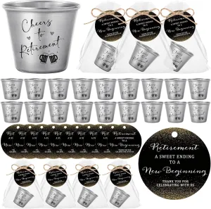 Havawish 25 Sets Retirement Party Favors for Guests, Cheers to Retirement 1.5 oz Stainless Steel Shot Drinking Cups with Thank You Tags Organza Bags Retired Gifts Party Decorations