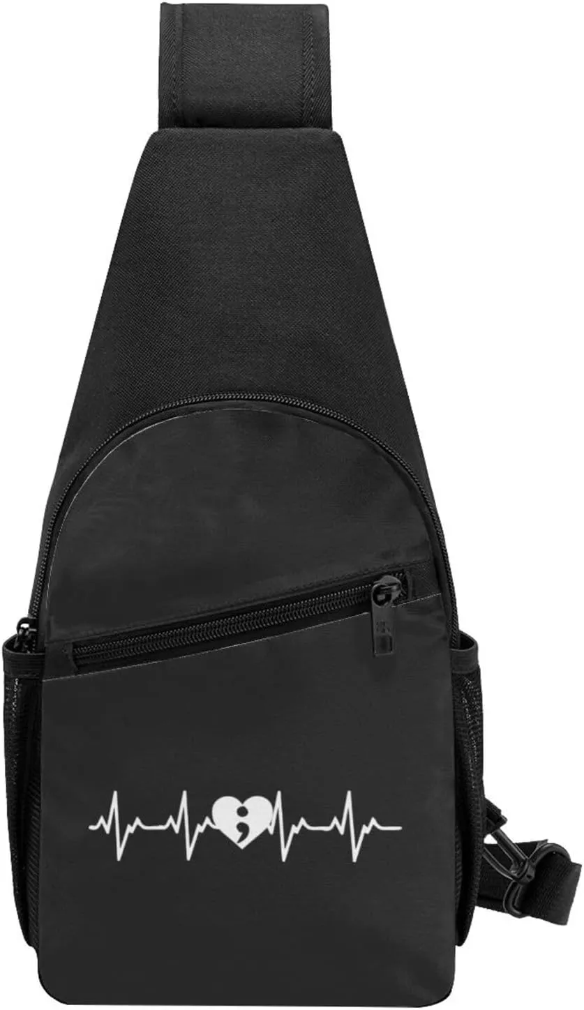 Heartbeat Semicolon Suicide Prevention Awareness Chest Pack Leisure Shoulder Crossbody Chest Bag