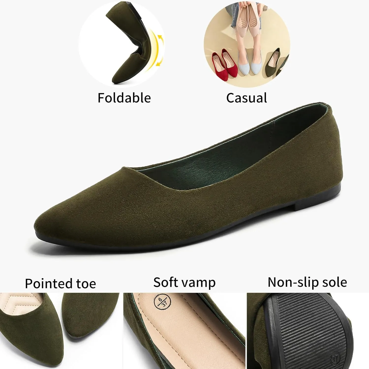 HEAWISH Women’s Black Flats Shoes Comfortable Suede Pointed Toe Slip On Casual Ballet Flats Dress Shoes Nude Flats