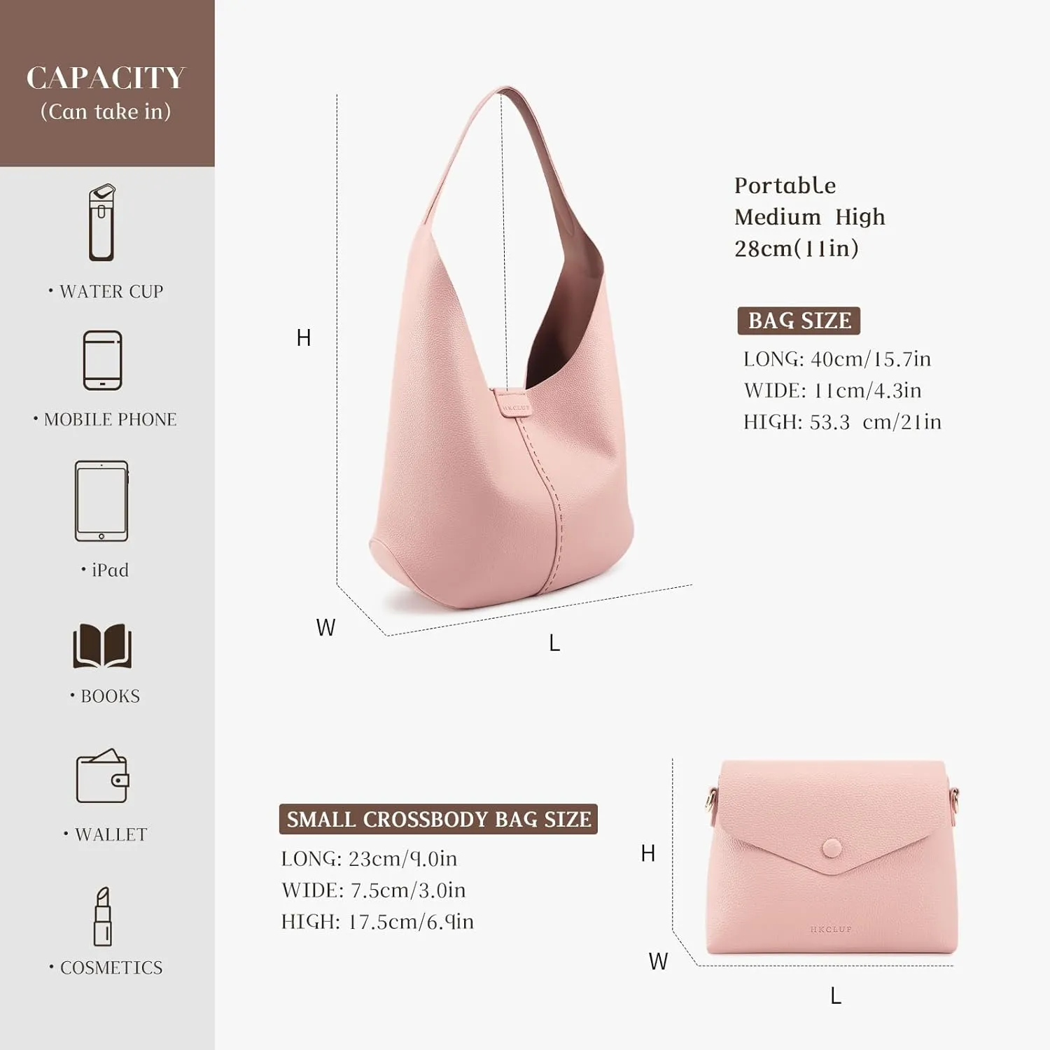 HKCLUF Hobo Bags Purses for Women 2PCS/Set,Soft Vegan Leather Slouchy Shoulder Handbags with Small Crossbody Bags for Women
