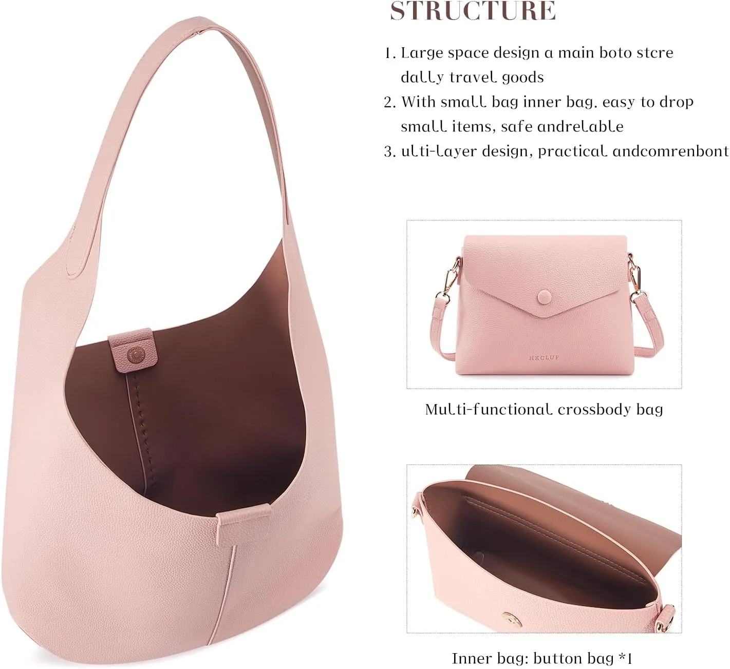 HKCLUF Hobo Bags Purses for Women 2PCS/Set,Soft Vegan Leather Slouchy Shoulder Handbags with Small Crossbody Bags for Women