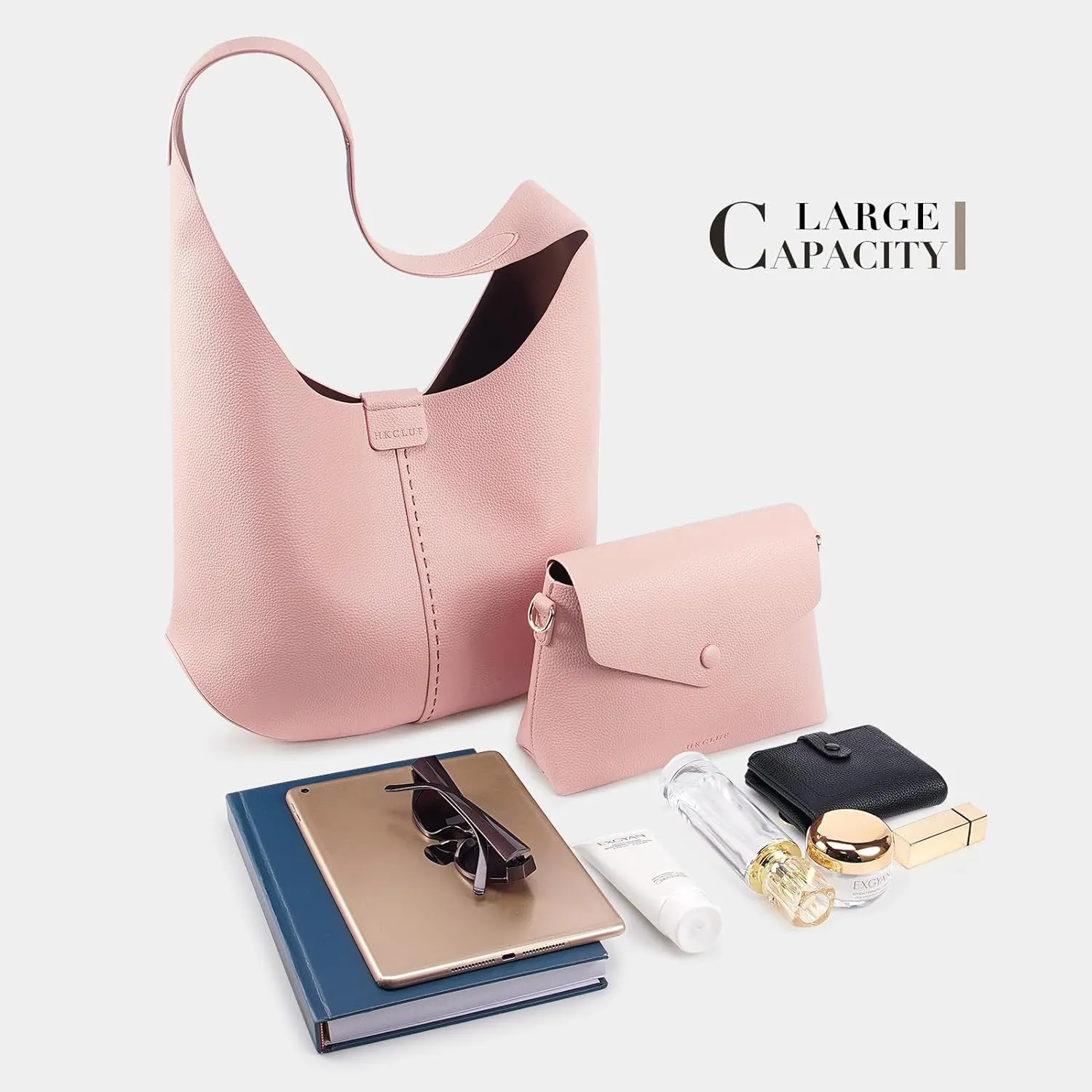 HKCLUF Hobo Bags Purses for Women 2PCS/Set,Soft Vegan Leather Slouchy Shoulder Handbags with Small Crossbody Bags for Women