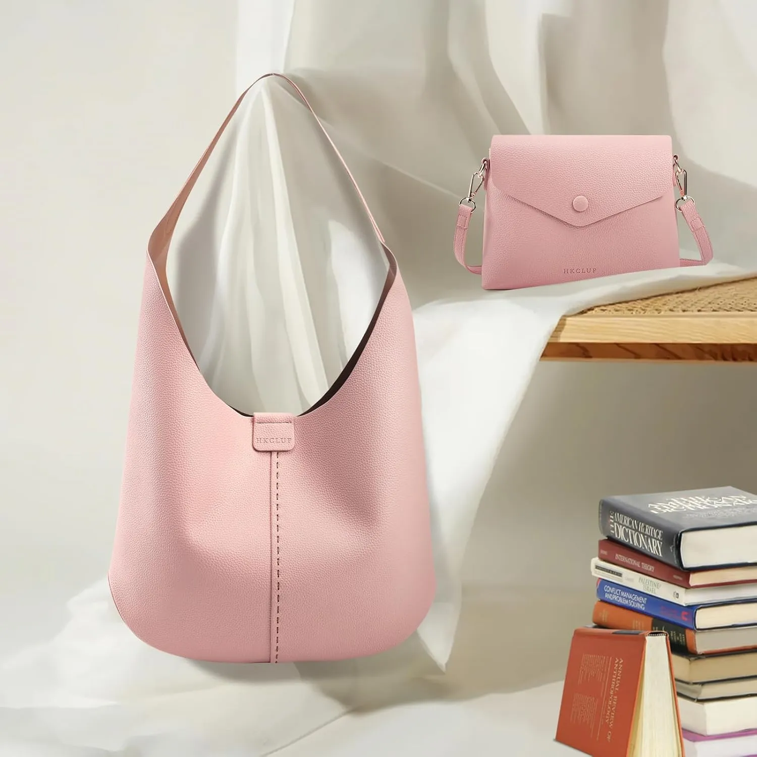 HKCLUF Hobo Bags Purses for Women 2PCS/Set,Soft Vegan Leather Slouchy Shoulder Handbags with Small Crossbody Bags for Women