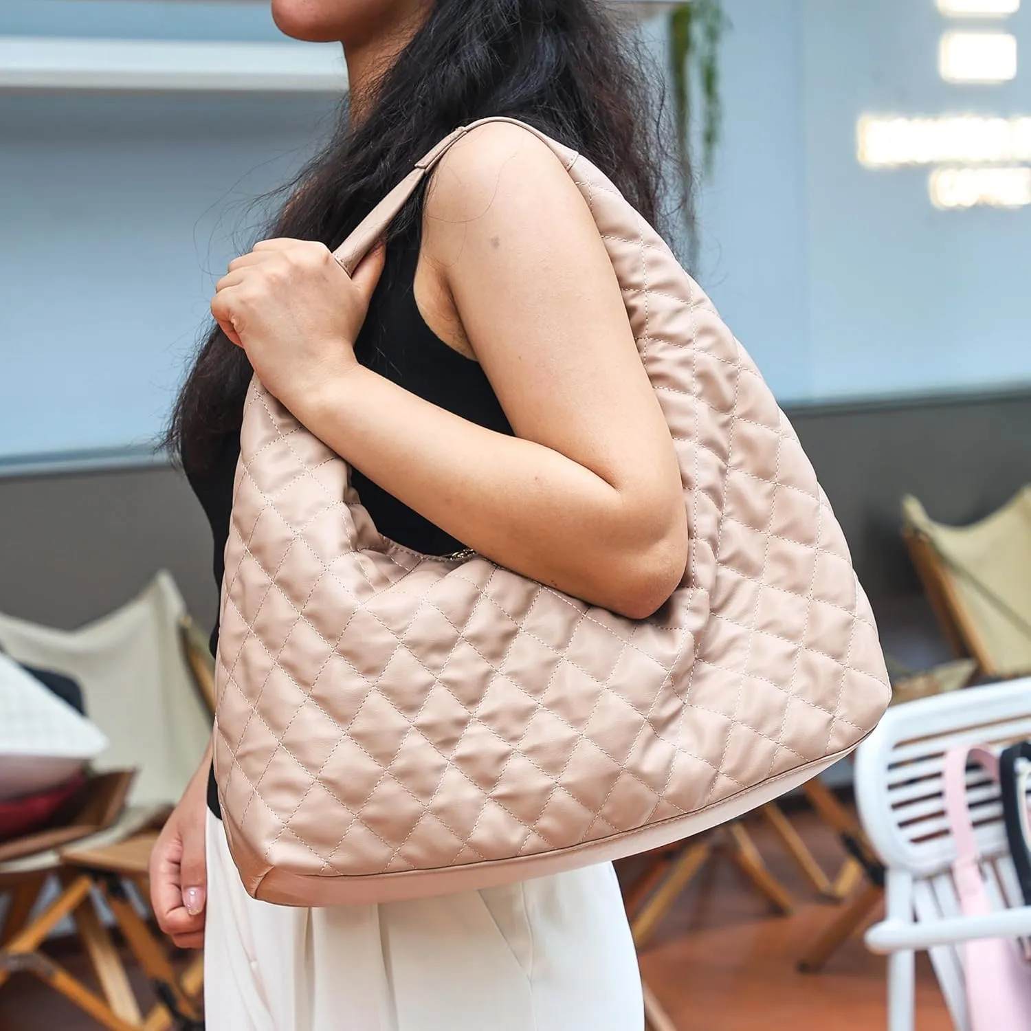 Hobo Shoulder Bags for Women Trendy Lightweight Soft Foldable Large Leather Tote Bags with Zipper Hobo Purse for Women