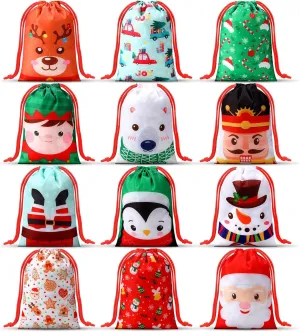Honoson 24 Pieces Christmas Drawstring Gift Bags for Xmas Holiday Treats, Goody Candy, Party Favors and Birthday Supplies - Reusable