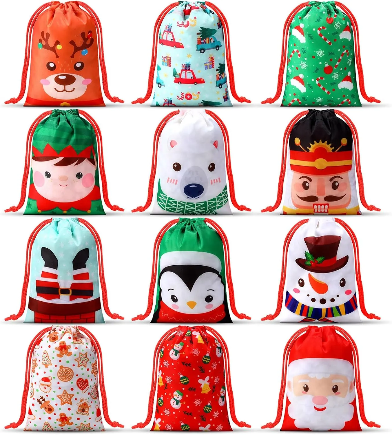 Honoson 24 Pieces Christmas Drawstring Gift Bags for Xmas Holiday Treats, Goody Candy, Party Favors and Birthday Supplies - Reusable