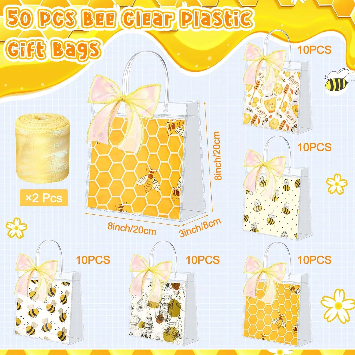 Hosuly 20 Pcs Bee Clear Plastic Gift Bags with Handles Honey Bee Goodie Treat Bags for Birthday Party Favors Candy Snack Baby Shower Gender Reveal Decoration, 7.87 X 7.87 x 3.15 inches