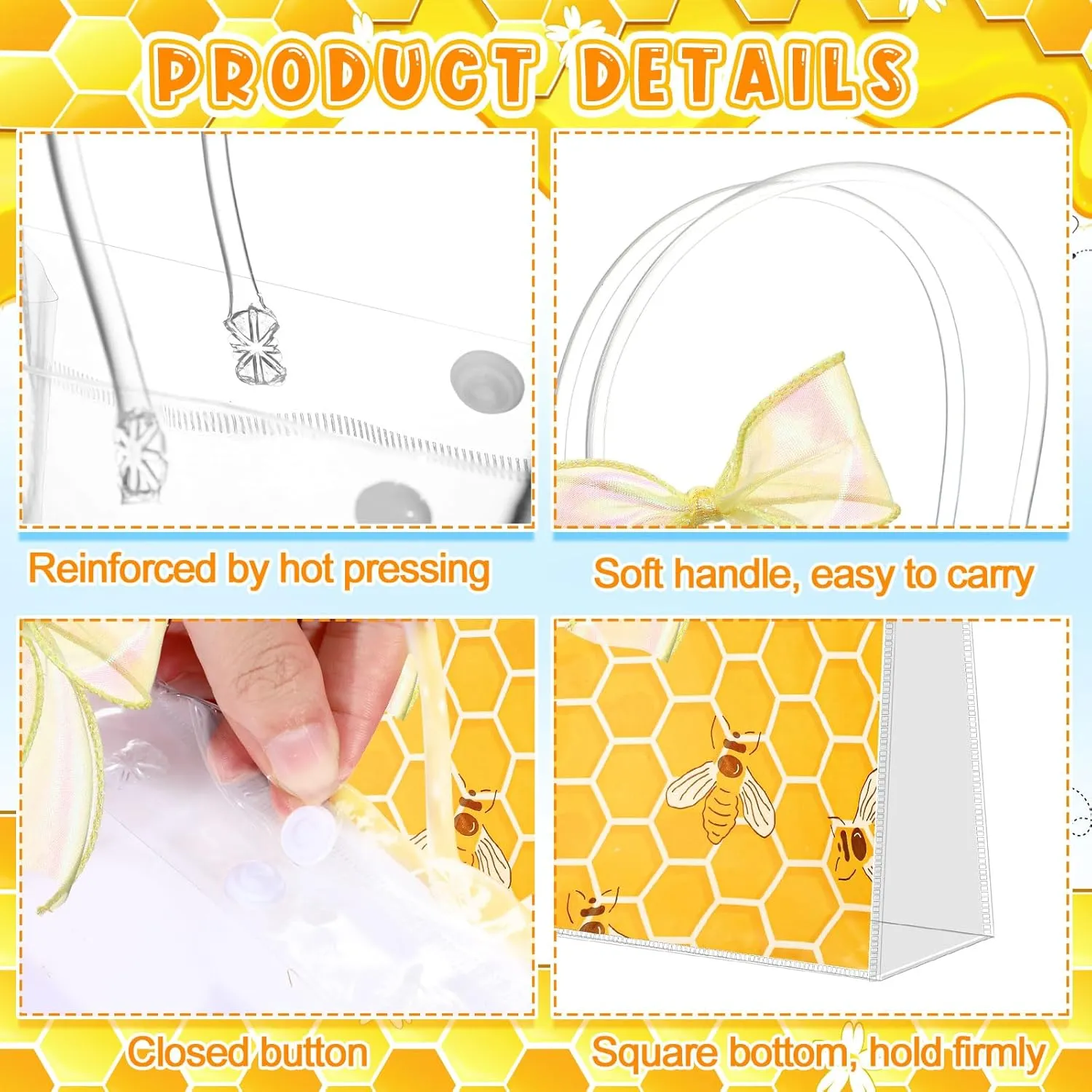 Hosuly 20 Pcs Bee Clear Plastic Gift Bags with Handles Honey Bee Goodie Treat Bags for Birthday Party Favors Candy Snack Baby Shower Gender Reveal Decoration, 7.87 X 7.87 x 3.15 inches