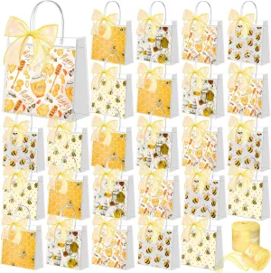 Hosuly 20 Pcs Bee Clear Plastic Gift Bags with Handles Honey Bee Goodie Treat Bags for Birthday Party Favors Candy Snack Baby Shower Gender Reveal Decoration, 7.87 X 7.87 x 3.15 inches