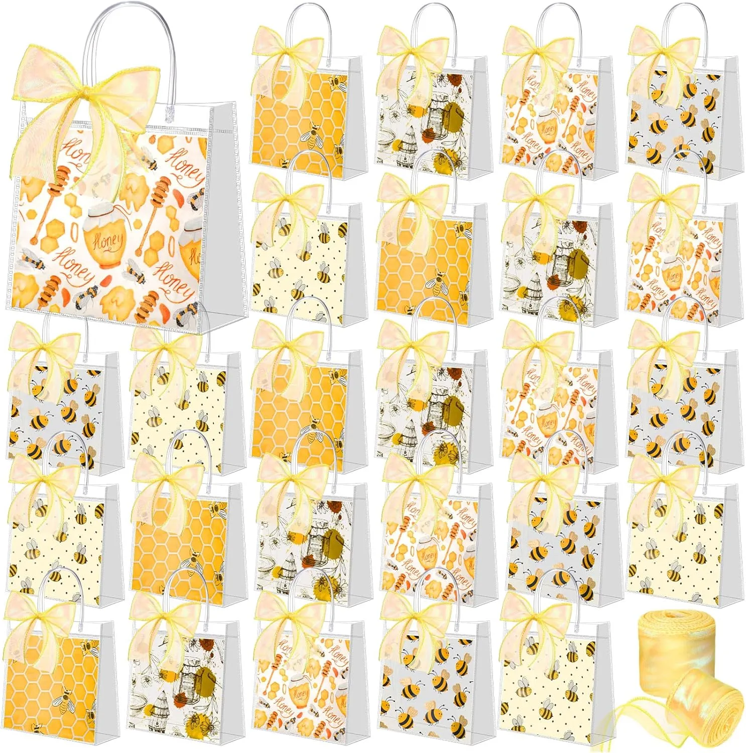 Hosuly 20 Pcs Bee Clear Plastic Gift Bags with Handles Honey Bee Goodie Treat Bags for Birthday Party Favors Candy Snack Baby Shower Gender Reveal Decoration, 7.87 X 7.87 x 3.15 inches