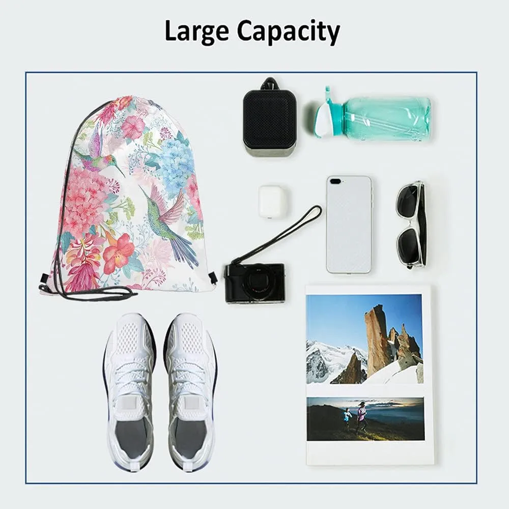 Hummingbirds Drawstring Bags Backpack Bag Bird Spring Flowers Enjoy Summer Time Colorful Blossom Romantic Sport Gym Sack Drawstring Bag String Bag Yoga Bag for Men Women