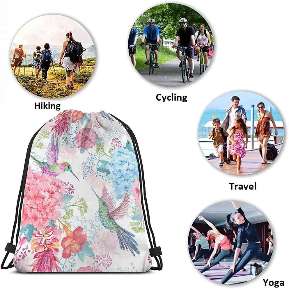 Hummingbirds Drawstring Bags Backpack Bag Bird Spring Flowers Enjoy Summer Time Colorful Blossom Romantic Sport Gym Sack Drawstring Bag String Bag Yoga Bag for Men Women