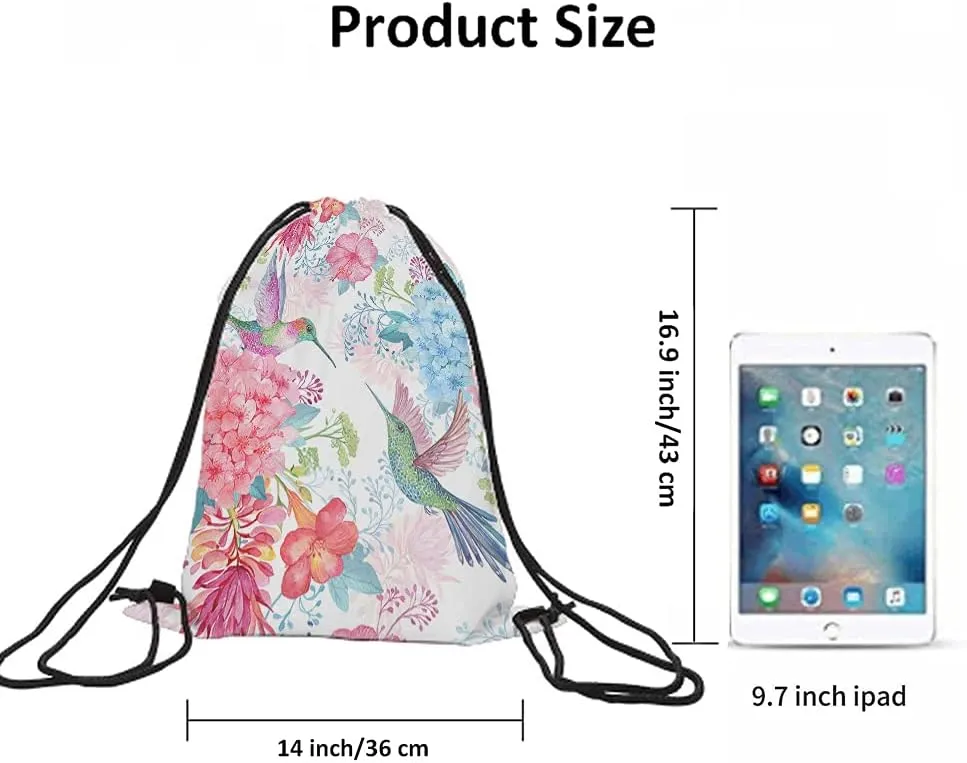 Hummingbirds Drawstring Bags Backpack Bag Bird Spring Flowers Enjoy Summer Time Colorful Blossom Romantic Sport Gym Sack Drawstring Bag String Bag Yoga Bag for Men Women