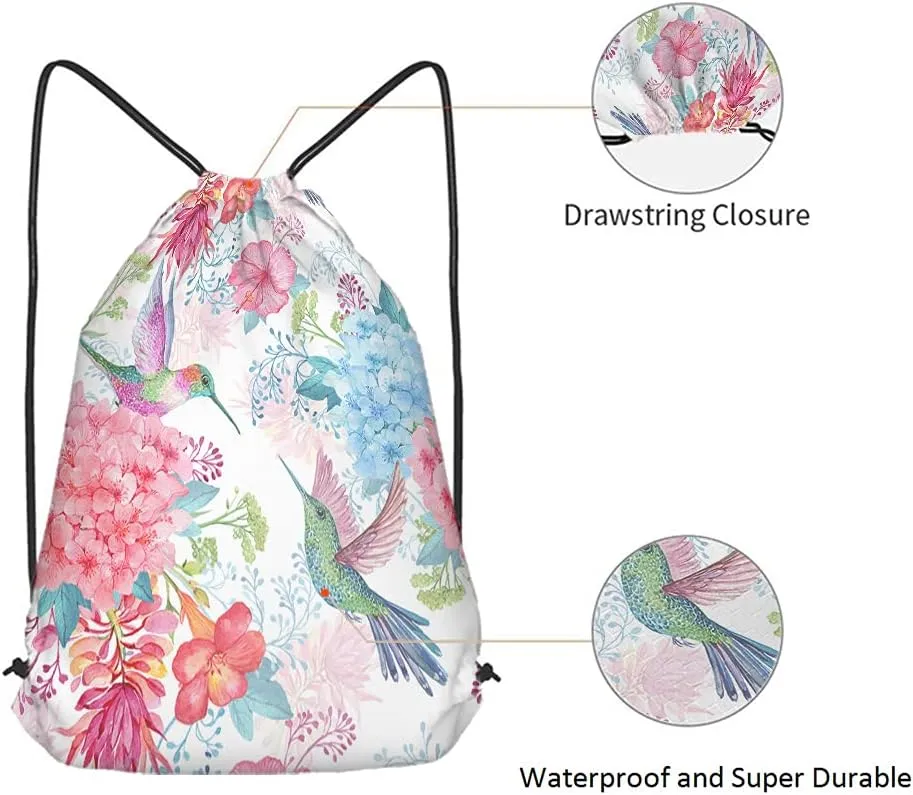 Hummingbirds Drawstring Bags Backpack Bag Bird Spring Flowers Enjoy Summer Time Colorful Blossom Romantic Sport Gym Sack Drawstring Bag String Bag Yoga Bag for Men Women