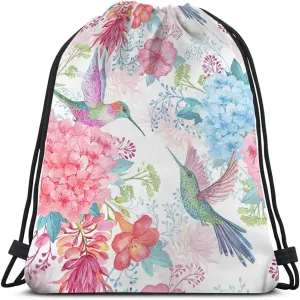 Hummingbirds Drawstring Bags Backpack Bag Bird Spring Flowers Enjoy Summer Time Colorful Blossom Romantic Sport Gym Sack Drawstring Bag String Bag Yoga Bag for Men Women