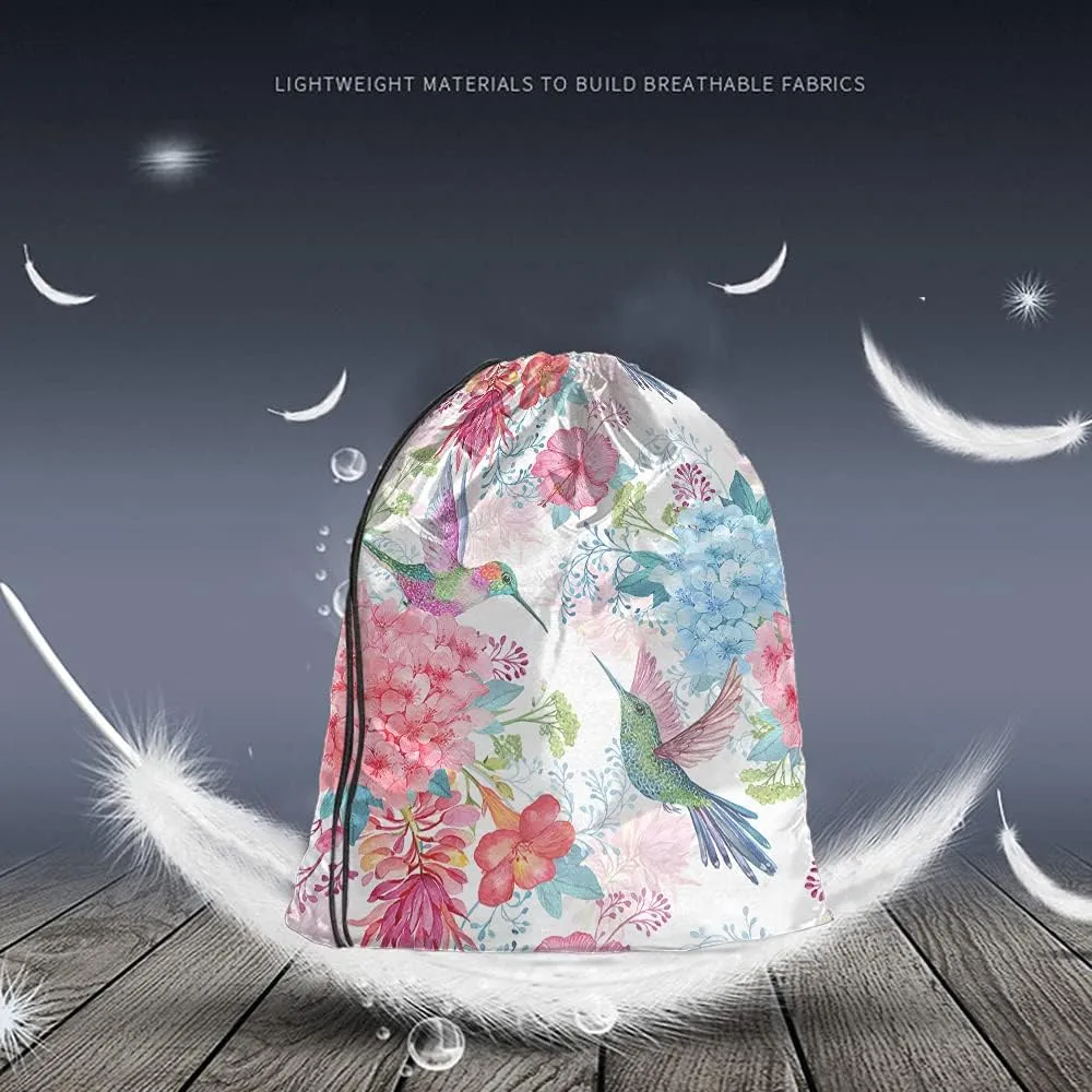 Hummingbirds Drawstring Bags Backpack Bag Bird Spring Flowers Enjoy Summer Time Colorful Blossom Romantic Sport Gym Sack Drawstring Bag String Bag Yoga Bag for Men Women