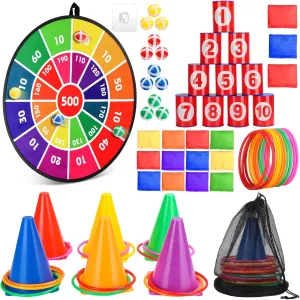 Hungdao 3 Sets Carnival Games Combo Set, Dart Board with Balls Plastic Cones Ring Bean Bags Toss Game for Boys Girls Adults Family Birthday Yard Indoor Outdoor(Bright Color,Classic Style)