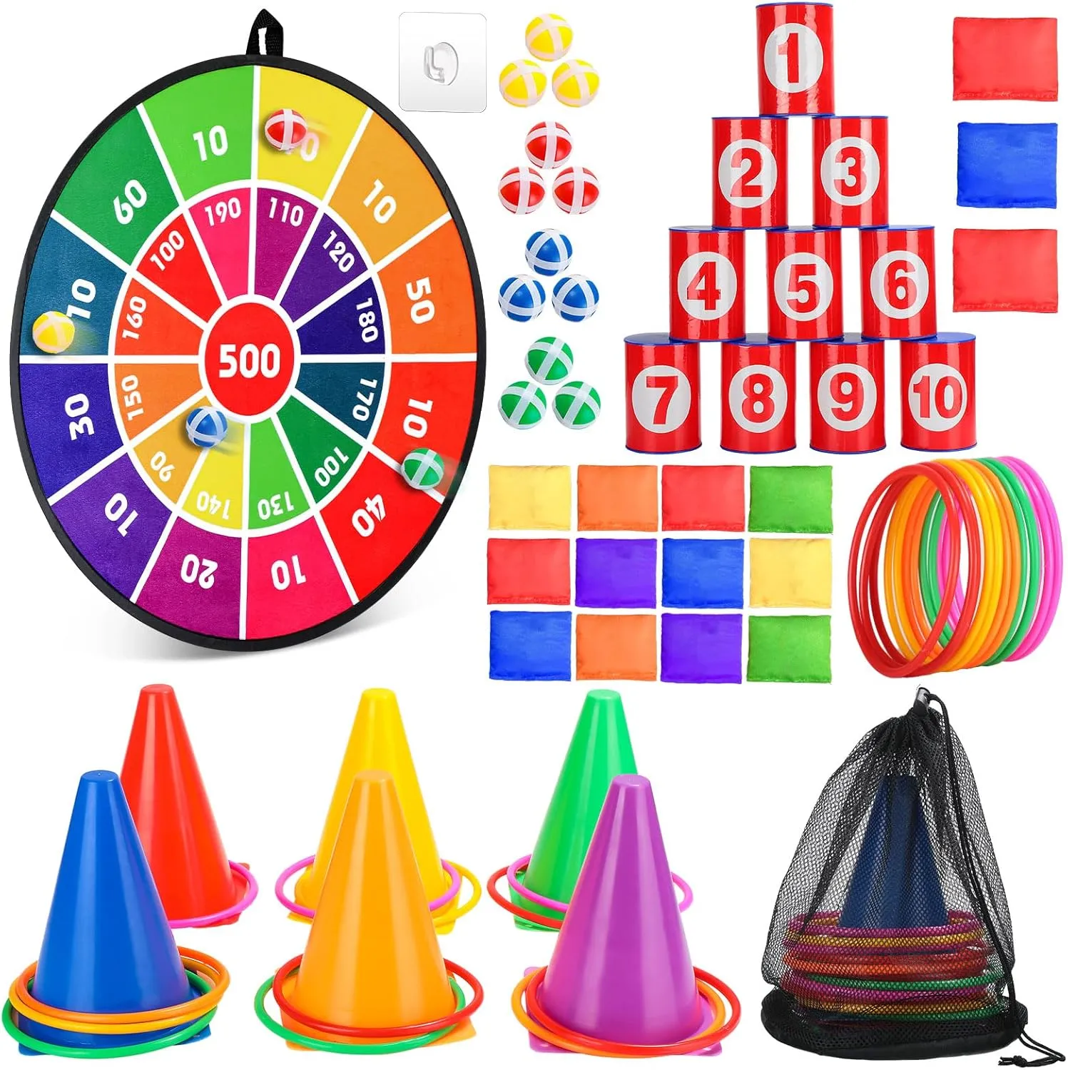 Hungdao 3 Sets Carnival Games Combo Set, Dart Board with Balls Plastic Cones Ring Bean Bags Toss Game for Boys Girls Adults Family Birthday Yard Indoor Outdoor(Bright Color,Classic Style)