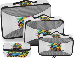 Illustration of Youth Dancing Colorful Water Splash Party Time 4 PCs Set Packing Bags, Luggage Organizer Bag, Portable Cube Toiletry bag, Durable Travel Cosmetic Storage Bag for Men Women