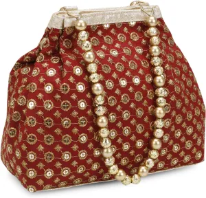 Indian Ethnic Designer Embroidered Silk Potli Bag Batwa Pearls Handle Purse (Maroon)