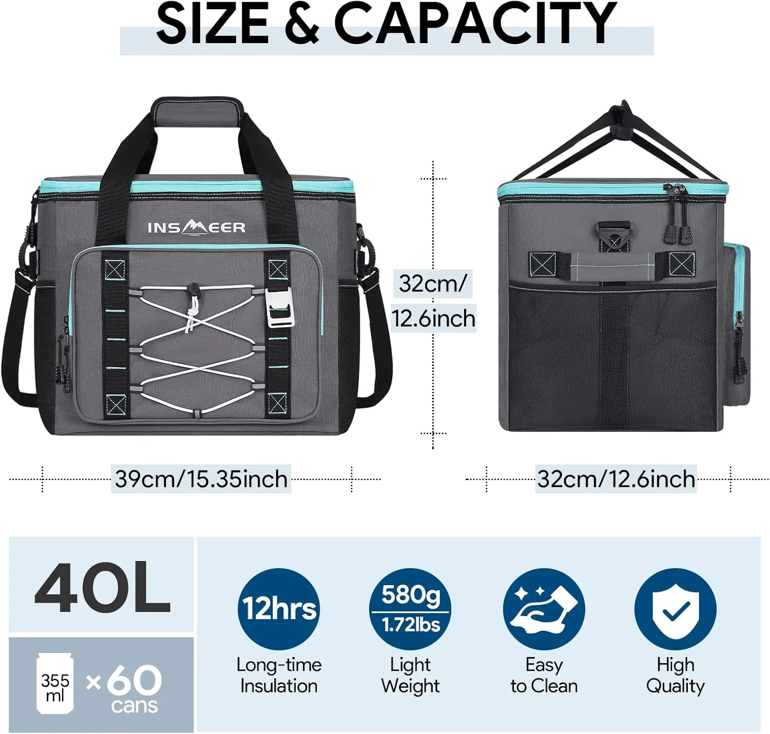 INSMEER Soft Cooler Bag, Collapsible Coolers Bag 60Can/40L, Soft Sided Insulated Cooler Portable Leakproof Cooler for Grocery Shopping,Camping,Travel,Fishing