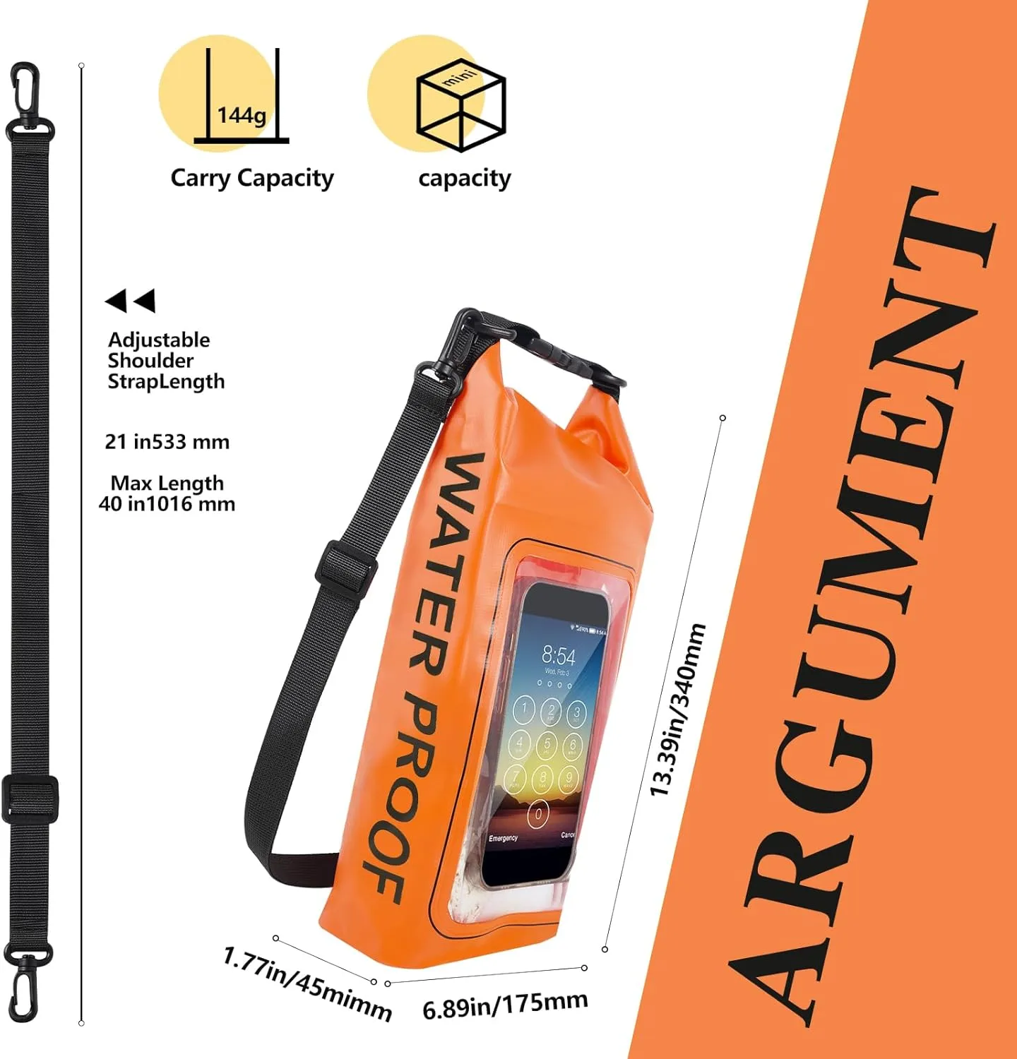 IP68 Waterproof Dry Bag, 2L - Roll Top Waterproof Pool Bag，Dry Bags for Kayaking Waterproof-w/Phone Pouch,Large Waterproof Phone Pouch,Boating & Kayak Accessories Camping (Orange 2L)
