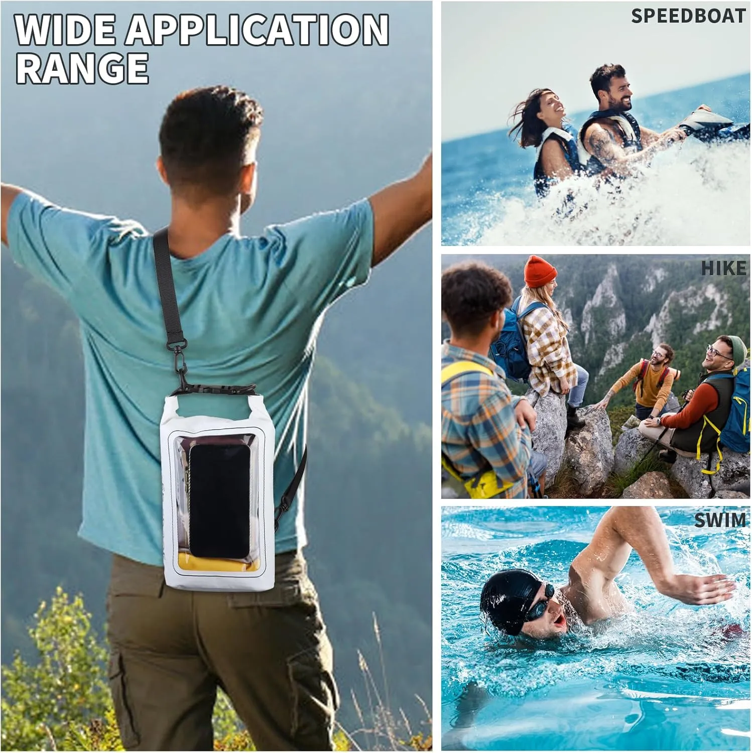 IP68 Waterproof Dry Bag, 2L - Roll Top Waterproof Pool Bag，Dry Bags for Kayaking Waterproof-w/Phone Pouch,Large Waterproof Phone Pouch,Boating & Kayak Accessories Camping (White)