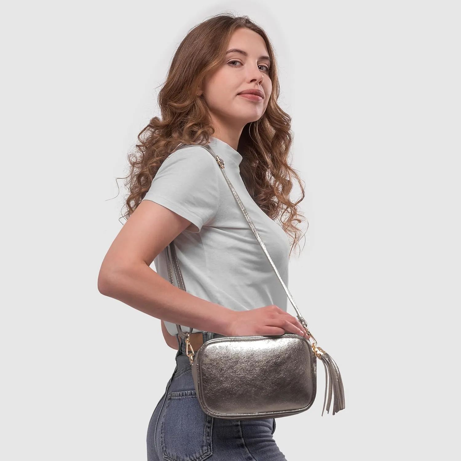 Italian Genuine Metallic Suede Leather Crossbody Bag for Women with Tassel | Small Camera Purse Shoulder Handbag Pocketbook
