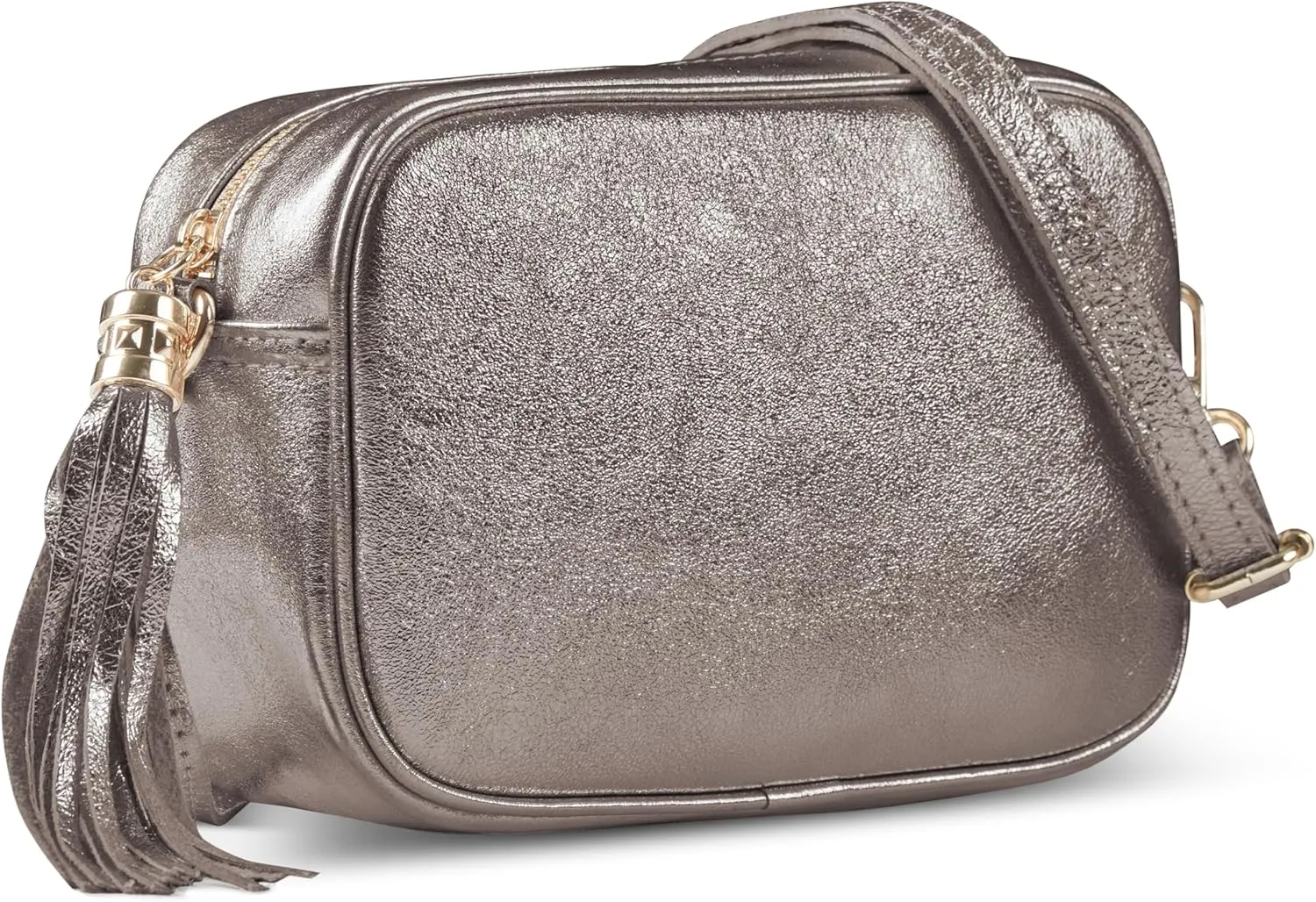 Italian Genuine Metallic Suede Leather Crossbody Bag for Women with Tassel | Small Camera Purse Shoulder Handbag Pocketbook