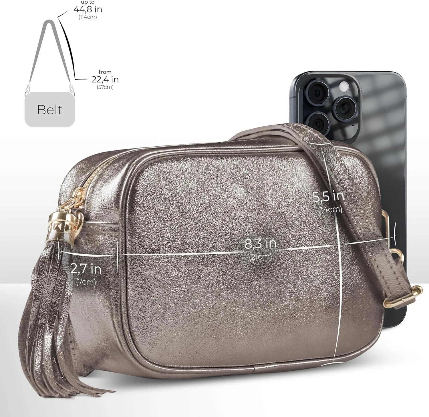 Italian Genuine Metallic Suede Leather Crossbody Bag for Women with Tassel | Small Camera Purse Shoulder Handbag Pocketbook