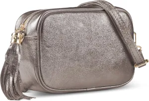 Italian Genuine Metallic Suede Leather Crossbody Bag for Women with Tassel | Small Camera Purse Shoulder Handbag Pocketbook