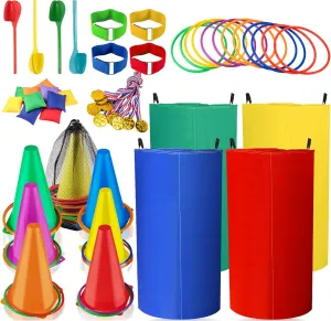 Jeffbaubl 53PCS Carnival Games Bean Bags Ring Toss Set,Colorful Potato Sack Race Bags,Egg and Spoon Race Lawn Games,Outdoor Games Supplies for Birthday Party Outside Field Day Games