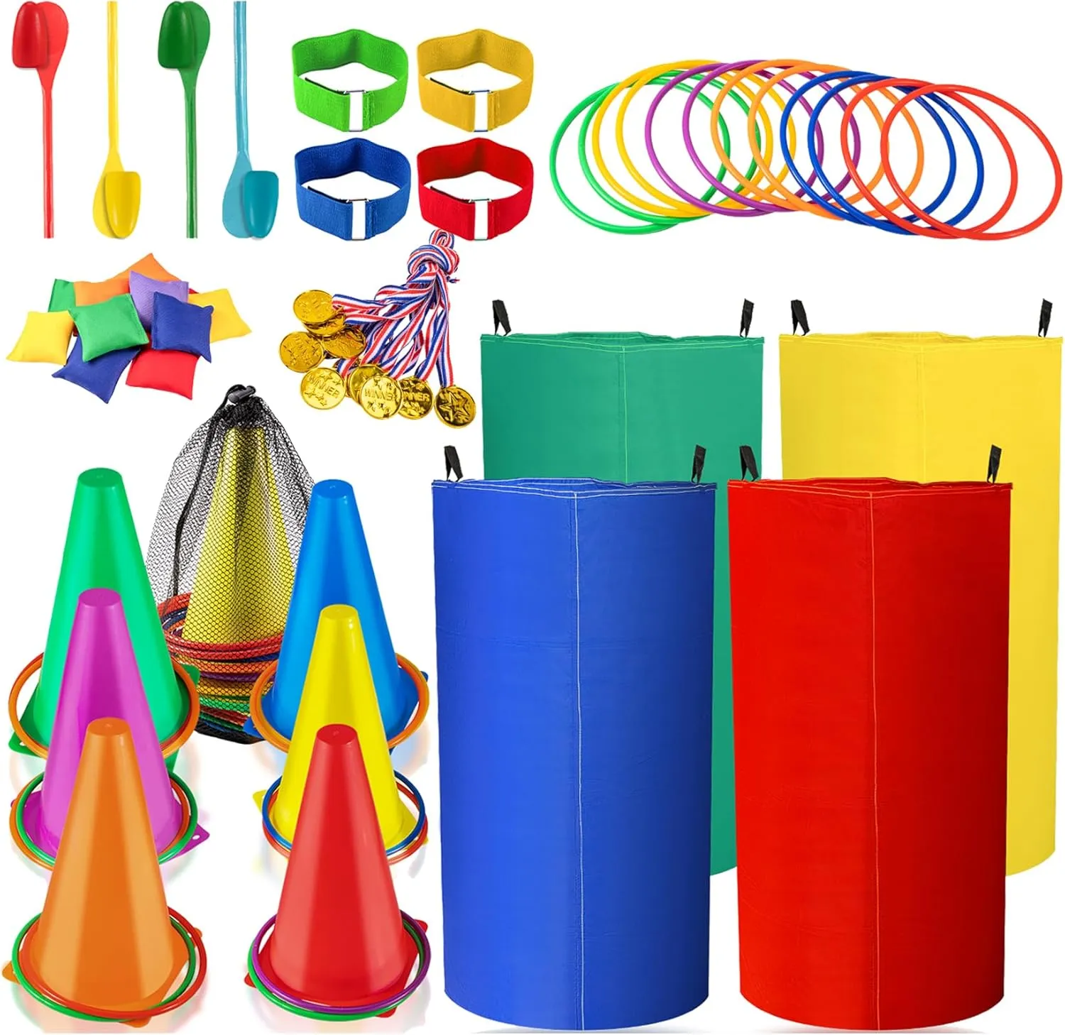 Jeffbaubl 53PCS Carnival Games Bean Bags Ring Toss Set,Colorful Potato Sack Race Bags,Egg and Spoon Race Lawn Games,Outdoor Games Supplies for Birthday Party Outside Field Day Games