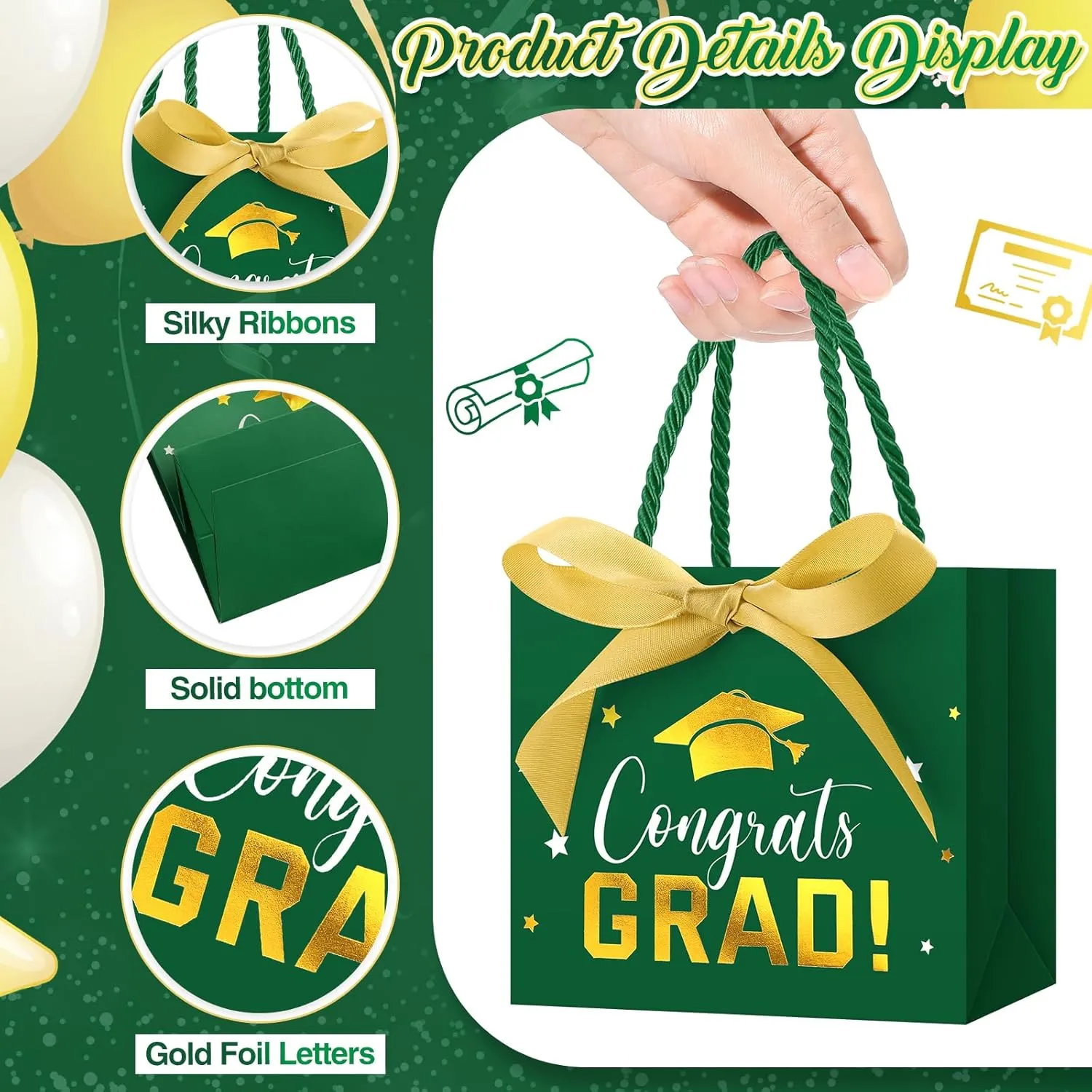 Jetec 45 Pack 2025 Graduation Gift Bags Bulk Small Congrats Bags with Handle and Bow Ribbon 5.5 x 4.7 x 2.5 Inch Grad Paper Treat Gifts Party Favor Supplies for College High School(Green Gold)