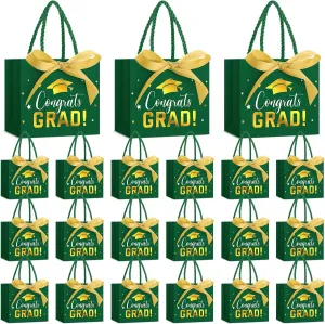Jetec 45 Pack 2025 Graduation Gift Bags Bulk Small Congrats Bags with Handle and Bow Ribbon 5.5 x 4.7 x 2.5 Inch Grad Paper Treat Gifts Party Favor Supplies for College High School(Green Gold)