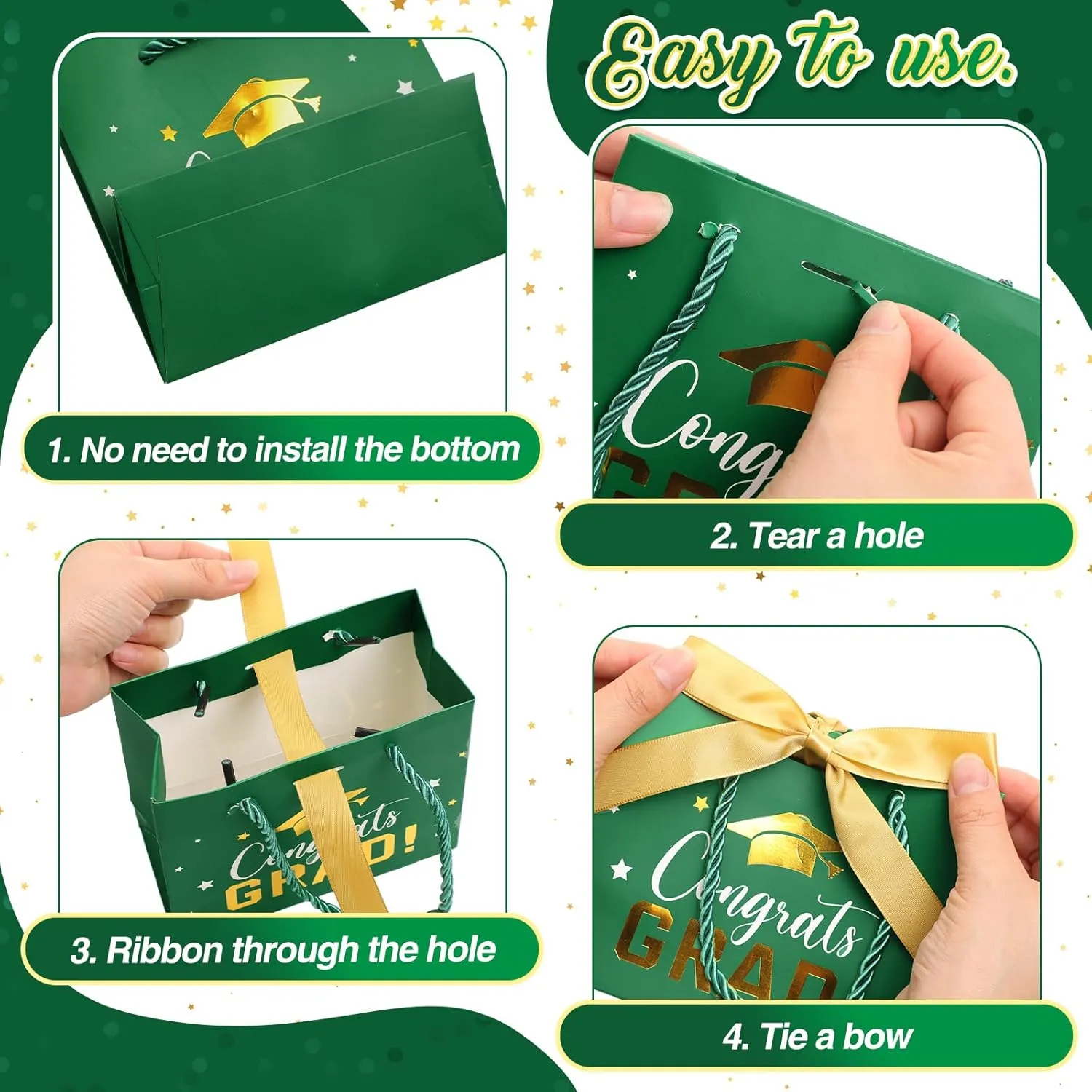 Jetec 45 Pack 2025 Graduation Gift Bags Bulk Small Congrats Bags with Handle and Bow Ribbon 5.5 x 4.7 x 2.5 Inch Grad Paper Treat Gifts Party Favor Supplies for College High School(Green Gold)