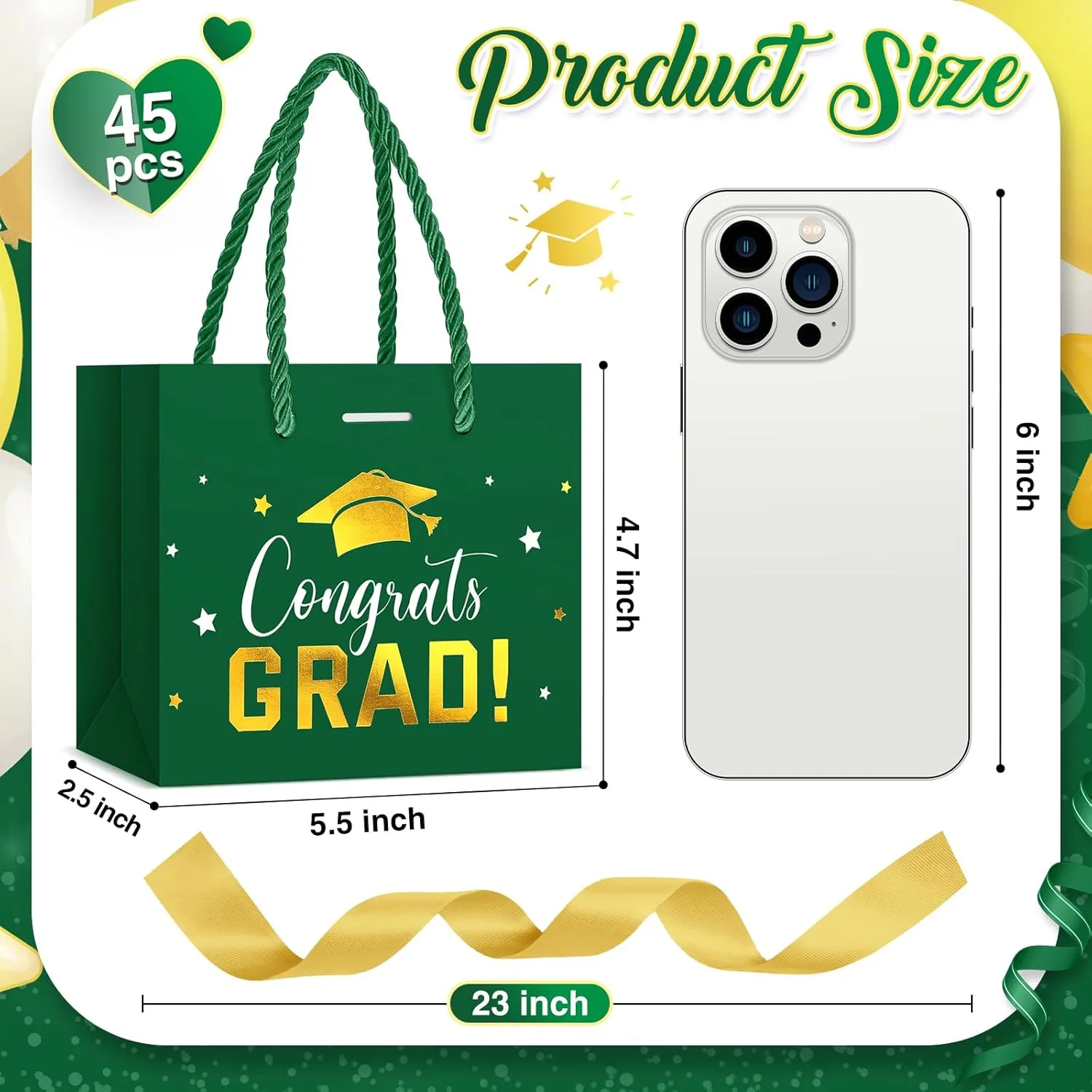 Jetec 45 Pack 2025 Graduation Gift Bags Bulk Small Congrats Bags with Handle and Bow Ribbon 5.5 x 4.7 x 2.5 Inch Grad Paper Treat Gifts Party Favor Supplies for College High School(Green Gold)